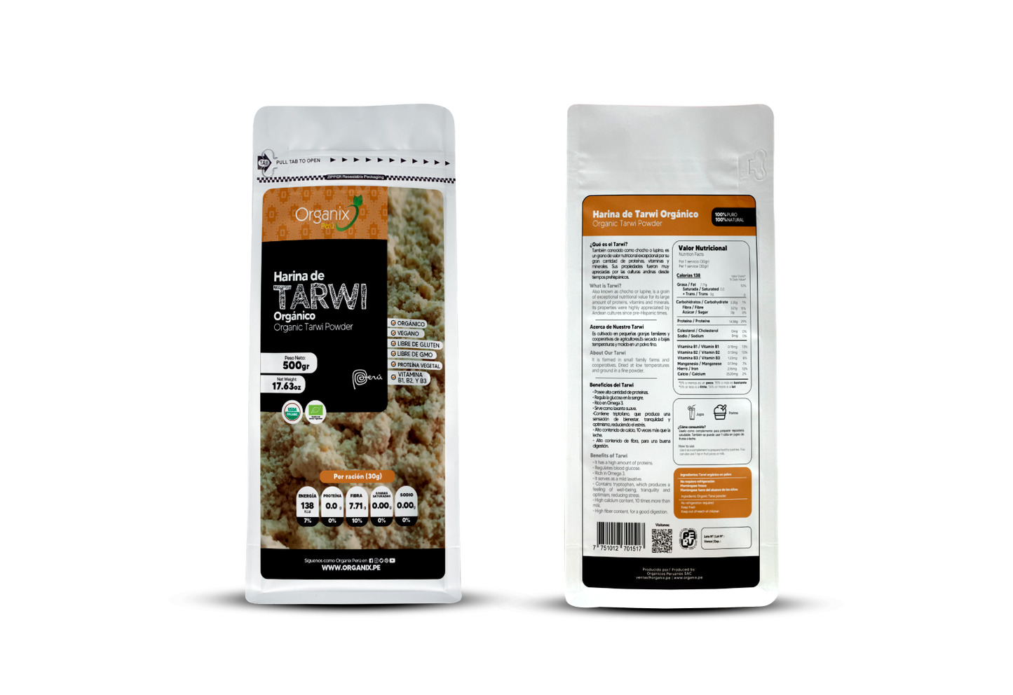 Doypack Harina de Tarwi Organix Perú mostrando información nutricional completa.
