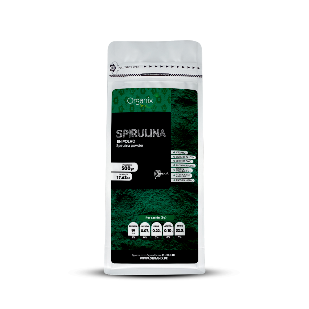Espirulina en Polvo Organix Perú 100% natural superalimento rico en proteínas y antioxidantes