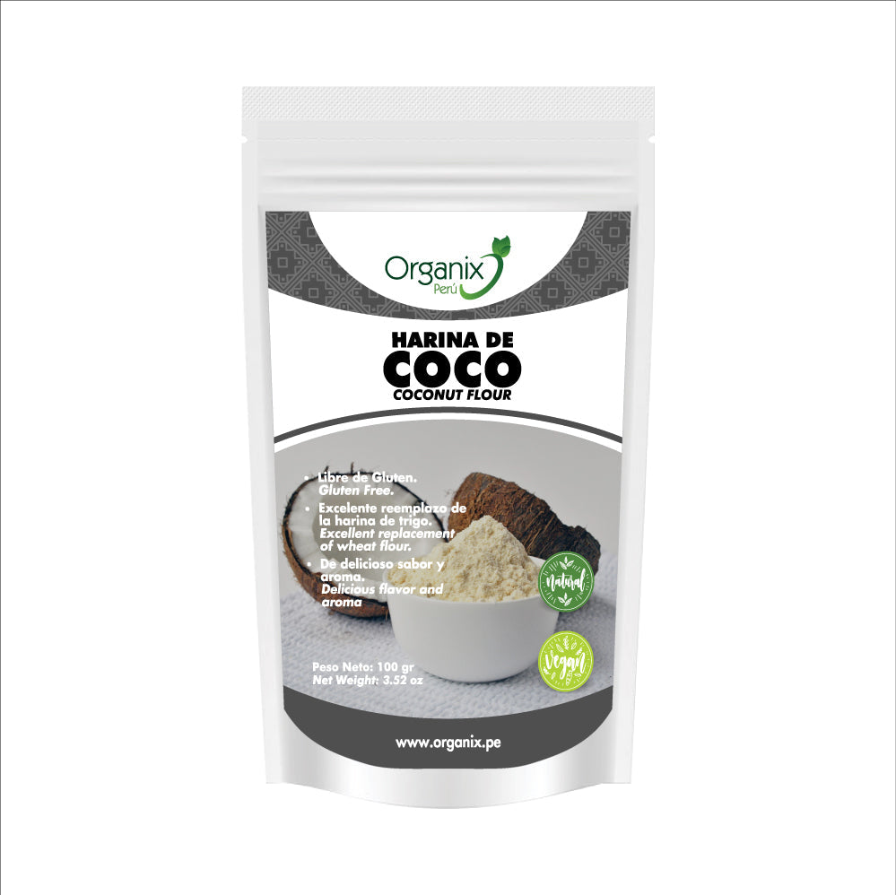 Harina de coco natural Organix Perú en doypack biodegradable, sin gluten y rica en fibra.