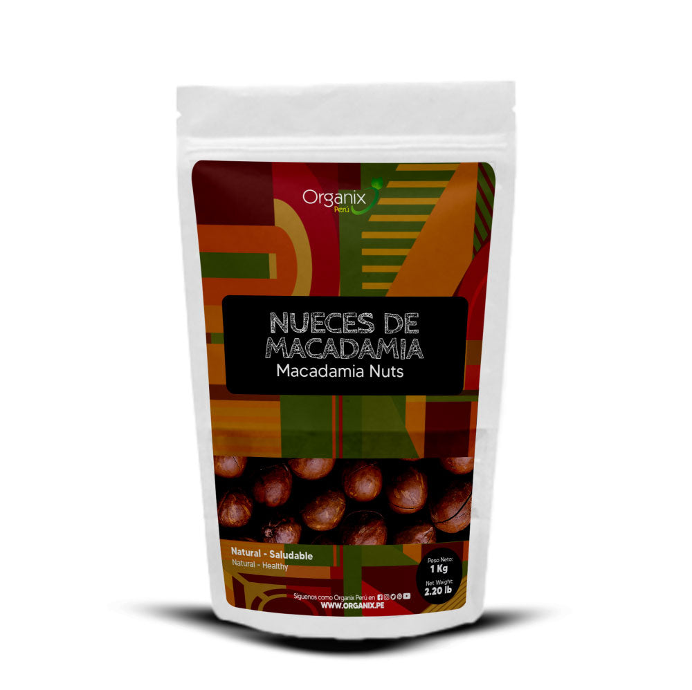 Bolsa de nueces de macadamia Organix de 1kg, ricas en proteínas y grasas saludables. Ideales para dietas vegetarianas y una excelente fuente de vitaminas del grupo B y vitamina E