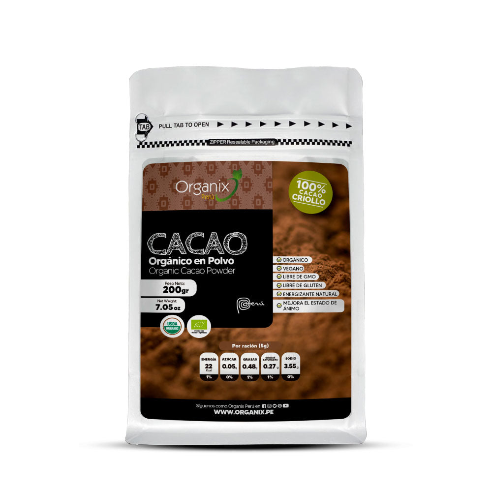 Cacao en Polvo Organix Perú, rico en antioxidantes, delicioso sabor, energizante natural, mejora el estado de ánimo