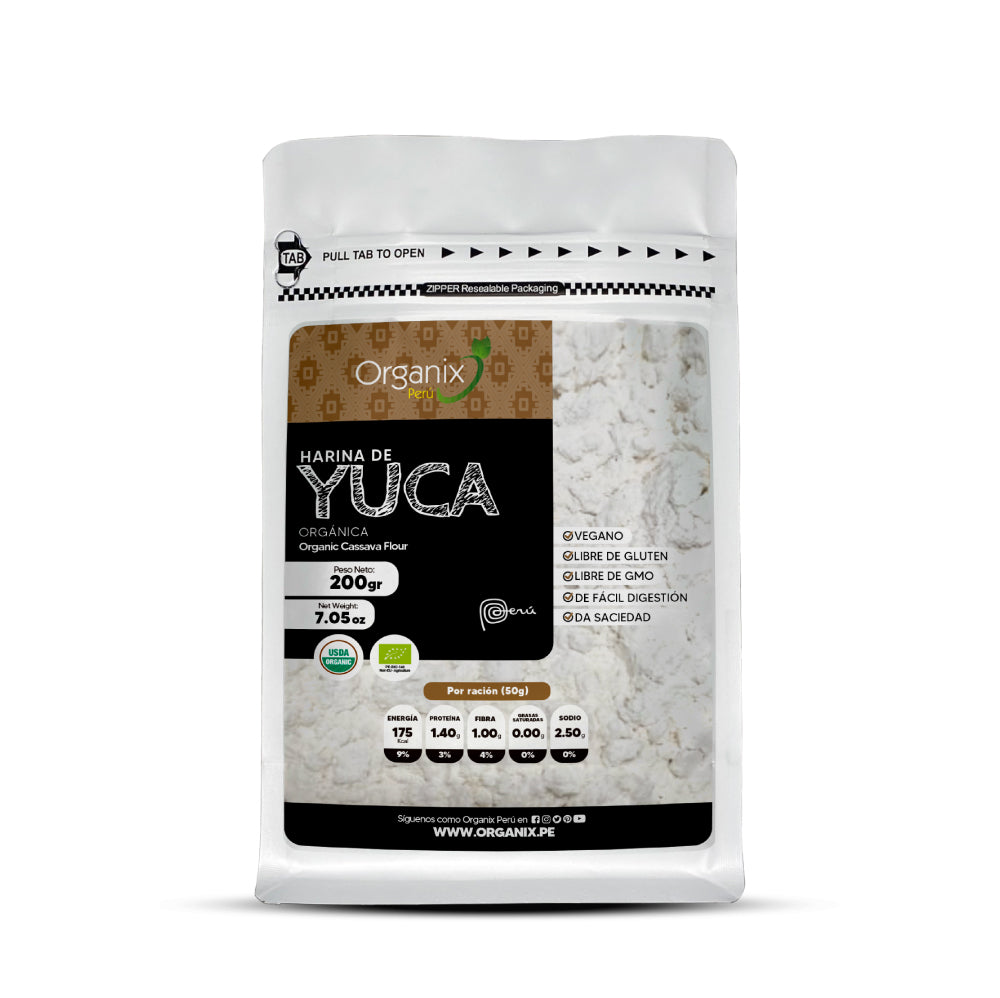 Doypack de Harina de Yuca Organix Perú 100% natural, sin gluten, rica en energía y almidones naturales para una alimentación saludable