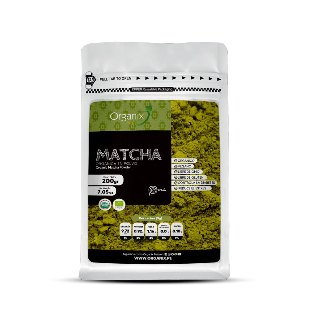 Matcha en polvo orgánico Organix Perú, superalimento antioxidante natural.