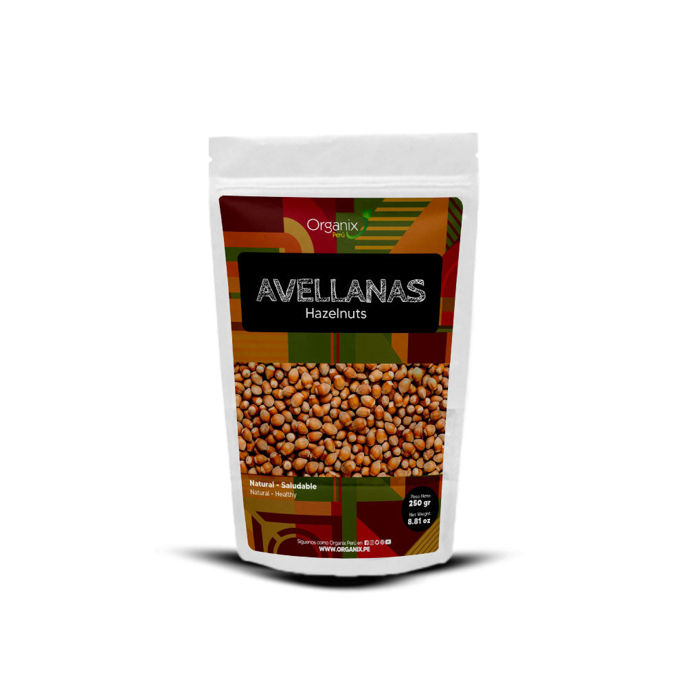 Organic hazelnuts from Organix Peru, 150g pack, rich in nutrients, antioxidants, and ideal for heart health and physical or mental effort.