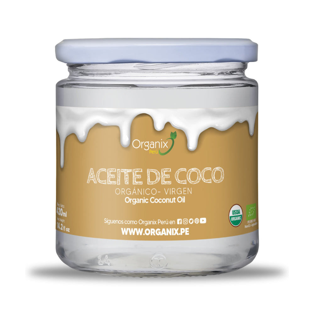 Aceite de Coco Organix Perú, aceite vegetal antioxidante, rico en ácidos fenólicos y ácidos grasos de cadena media