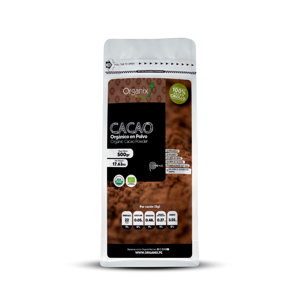 Cacao en Polvo Organix Perú, rico en antioxidantes, delicioso sabor, energizante natural, mejora el estado de ánimo