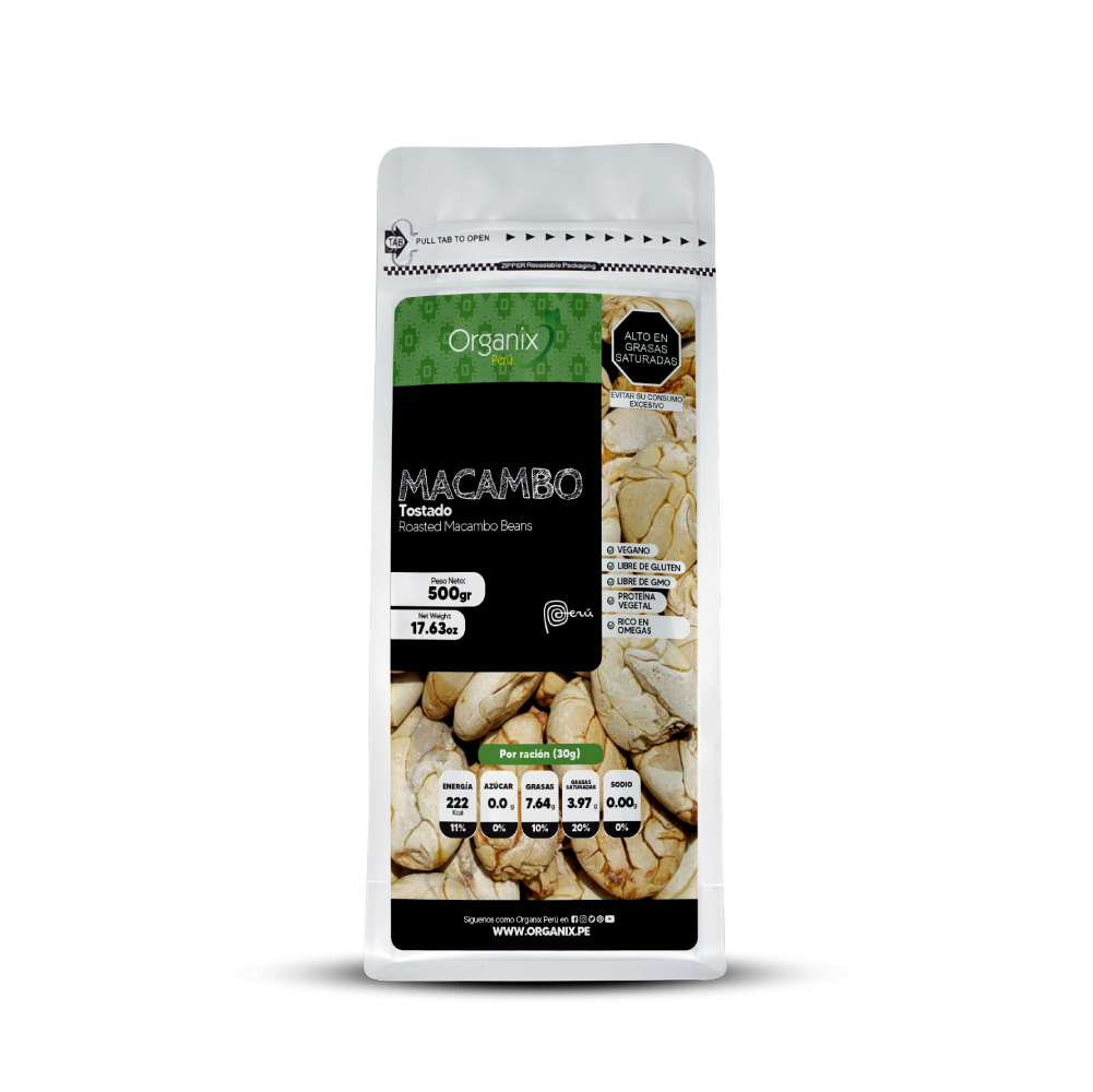 Macambo Tostado Organix Perú, 500g pack of roasted Majambo seeds, rich in protein, fiber, and omega fatty acids, ideal for energy boost