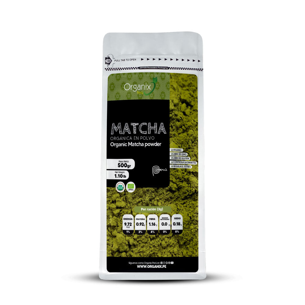 Matcha en polvo orgánico Organix Perú, superalimento antioxidante natural.