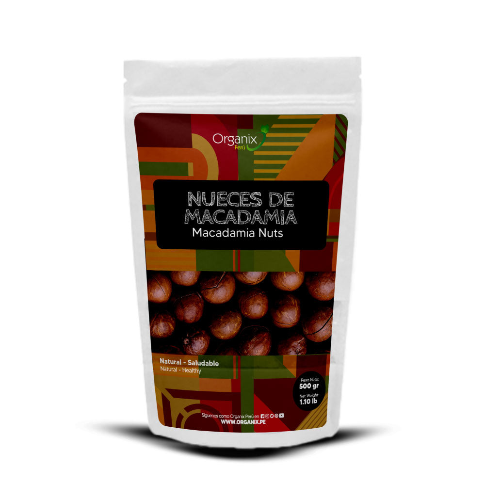 Bolsa de nueces de macadamia Organix de 500g, ricas en proteínas y grasas saludables. Ideales para dietas vegetarianas y una excelente fuente de vitaminas del grupo B y vitamina E