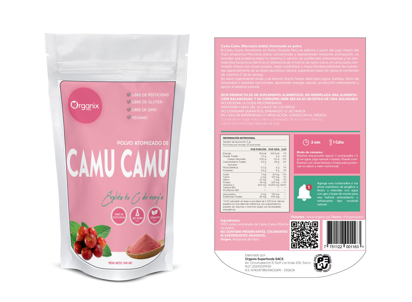 Etiqueta trasera Camu Camu Atomizado en Polvo Organix Perú con tabla nutricional, ingredientes y modo de consumo