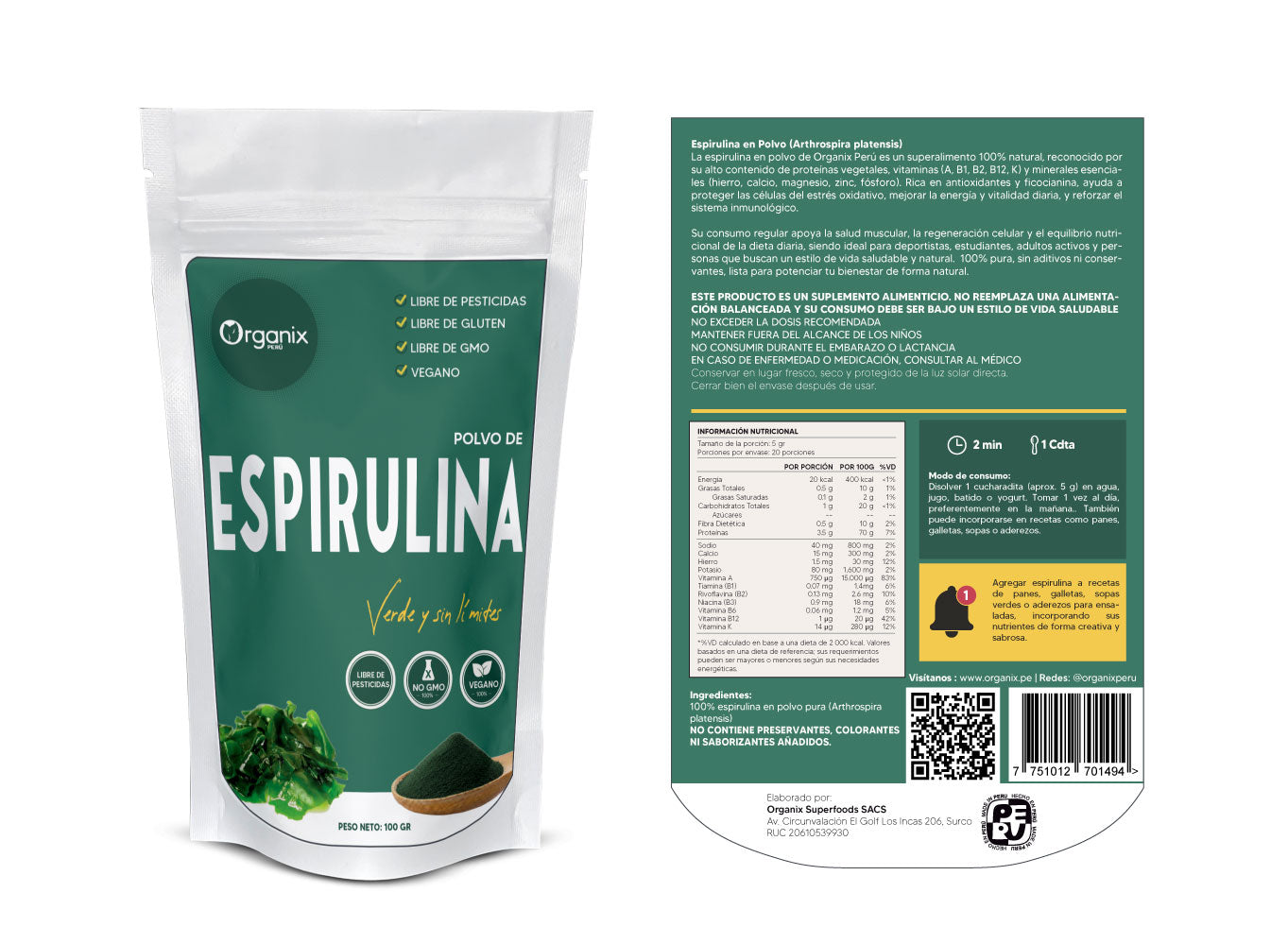Tabla nutricional de la espirulina en polvo Organix Perú mostrando vitaminas, minerales, proteínas y principios activos por 5 g y 100 g