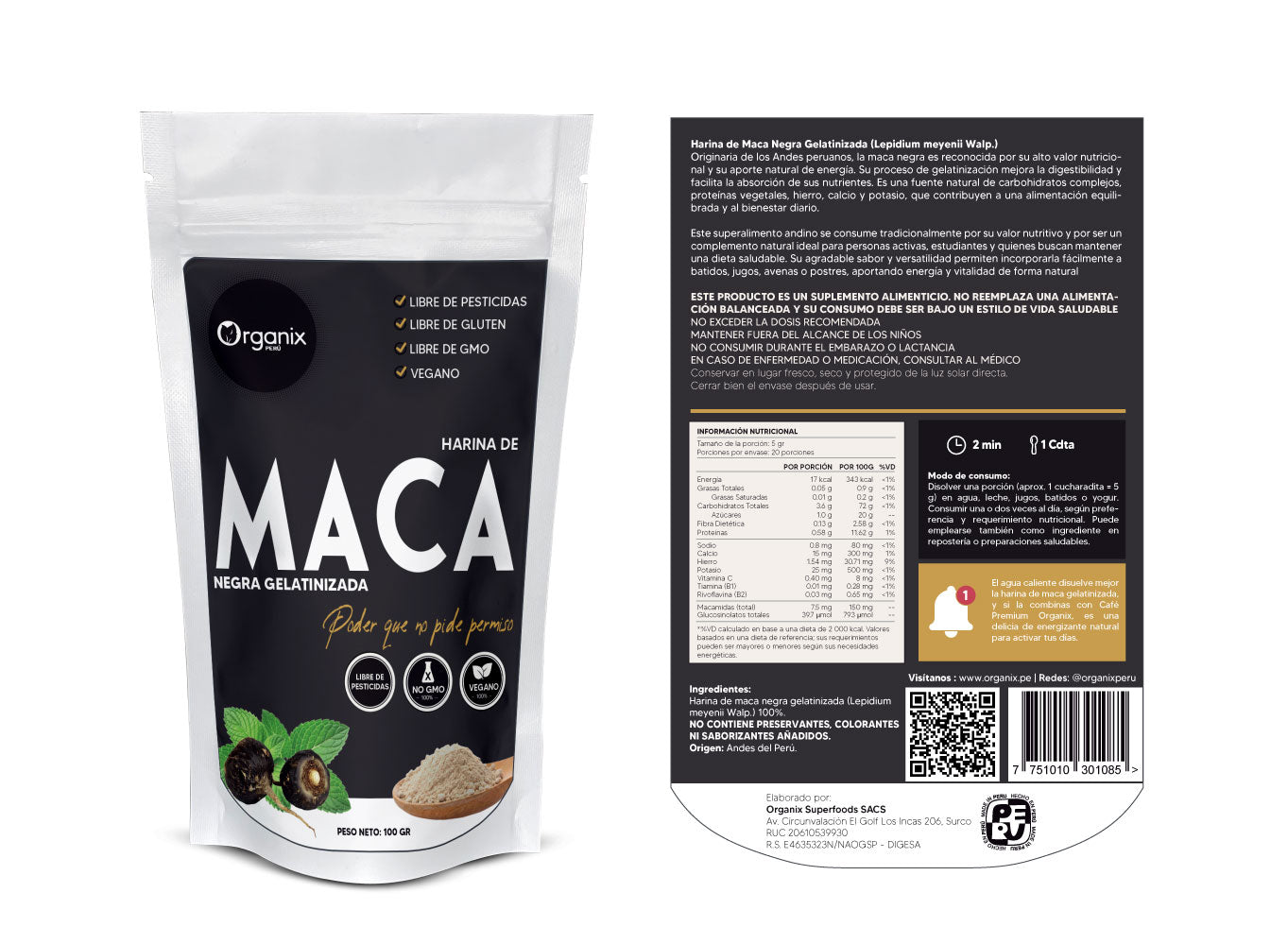Vista posterior de Harina de Maca Negra Gelatinizada Organix Perú con tabla nutricional y detalle de información DIGESA.