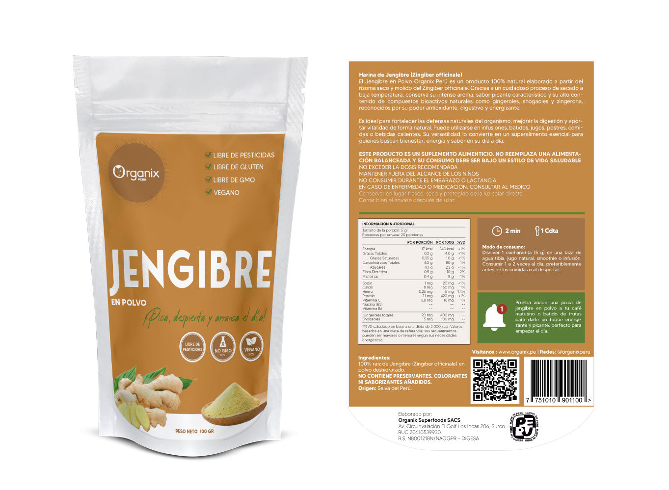Etiqueta trasera de Jengibre en Polvo Organix Perú con tabla nutricional, ingredientes y modo de consumo según normativa DIGESA