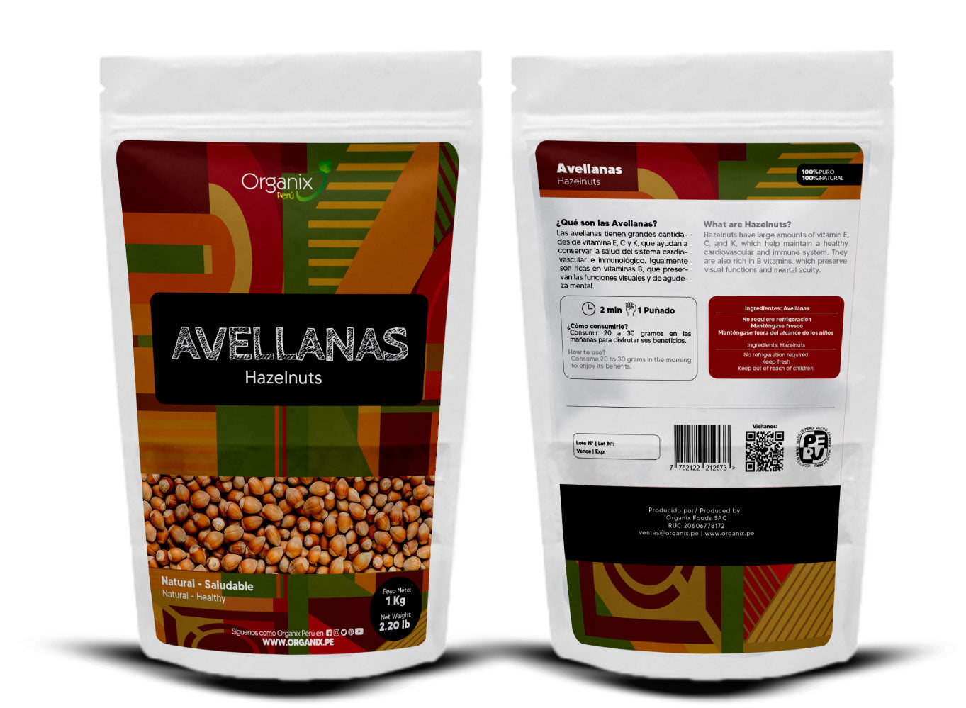 "Producto de Avellanas Organix Perú, paquete de 1kg de avellanas ricas en nutrientes y antioxidantes, beneficios para la salud del corazón y el crecimiento"