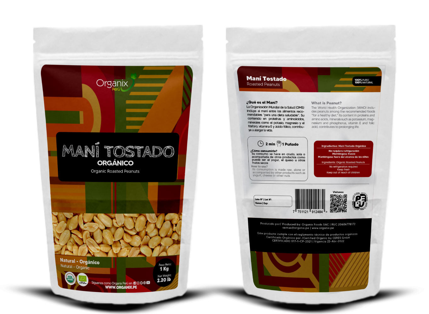 Organix Perú Maní Tostado Orgánico - Bolsa de maní natural y orgánico de 1kg, fuente de proteínas y vitaminas según OMS