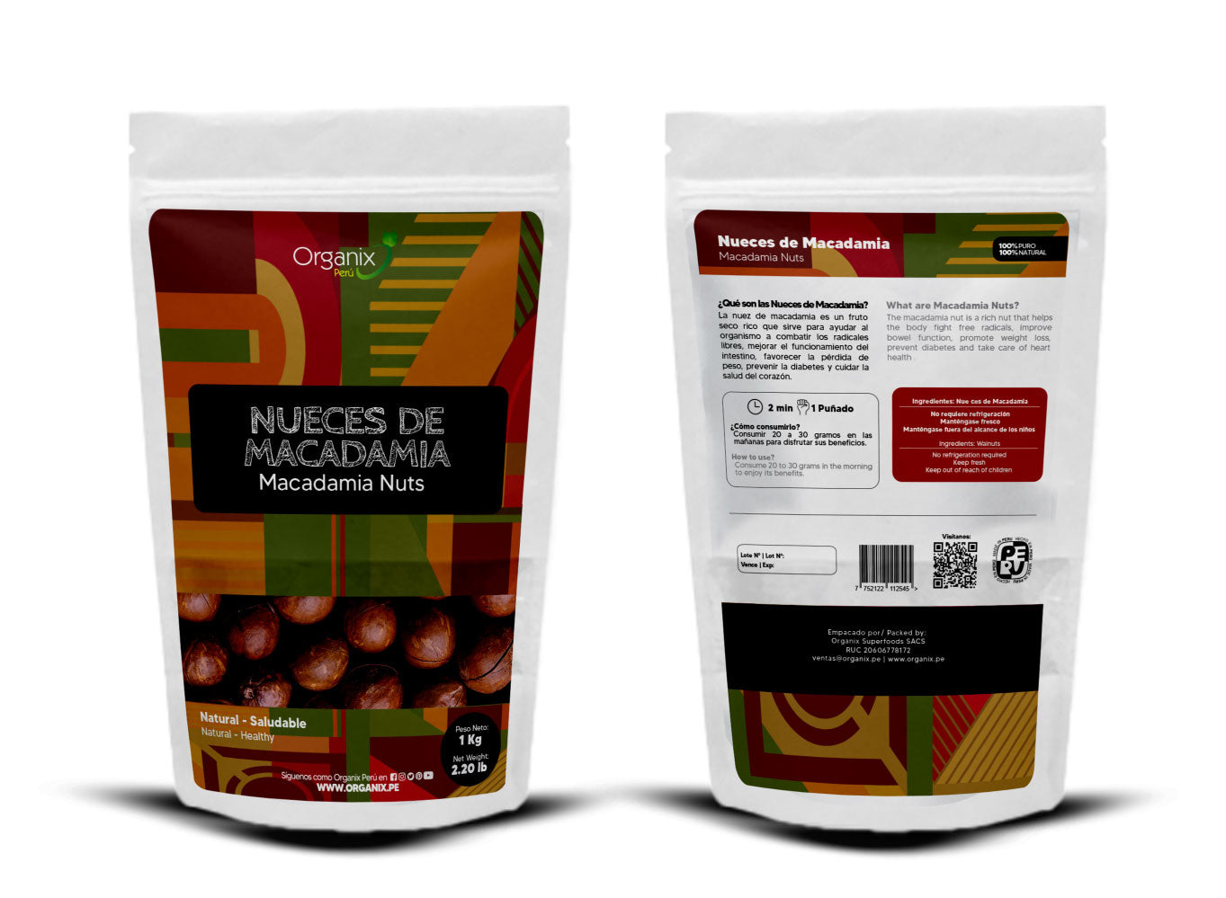 Bolsa de nueces de macadamia Organix de 1kg, ricas en proteínas y grasas saludables. Ideales para dietas vegetarianas y una excelente fuente de vitaminas del grupo B y vitamina E