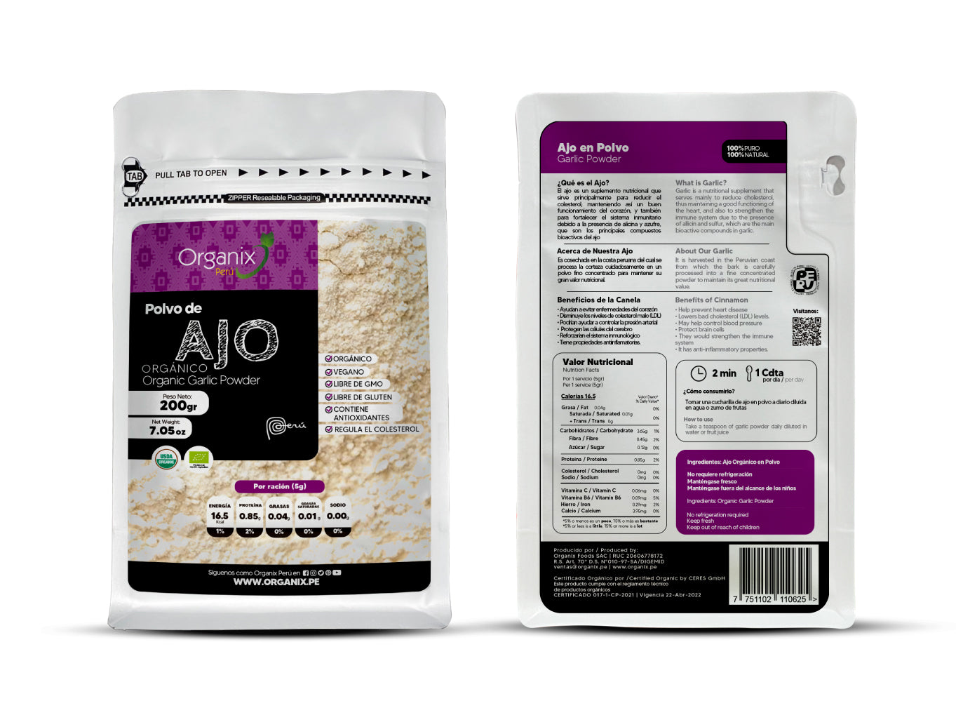 Organix Perú Ajo en Polvo – Organic Garlic Powder, nutritional supplement to reduce cholesterol and boost immune system, 200g pack