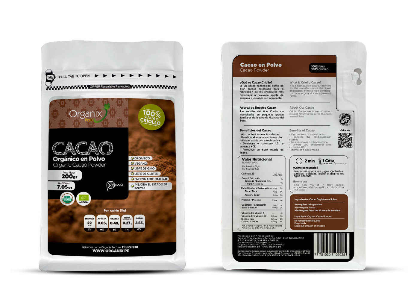 Cacao en Polvo Organix Perú, rico en antioxidantes, delicioso sabor, energizante natural, mejora el estado de ánimo