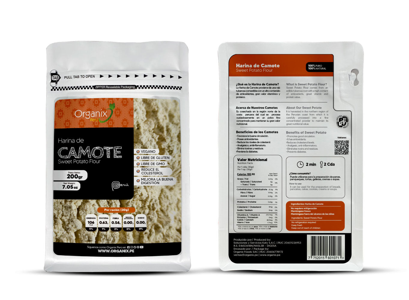 Doypack de Harina de Camote Organix Perú 100% natural, rica en fibra, antioxidantes y carbohidratos saludables para una nutrición balanceada