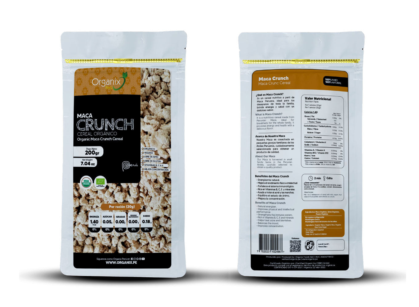 Paquete de Cereal de Maca Crunch Organix Perú, Cereal de Maca y Panela, vista frontal y trasera con información nutricional.