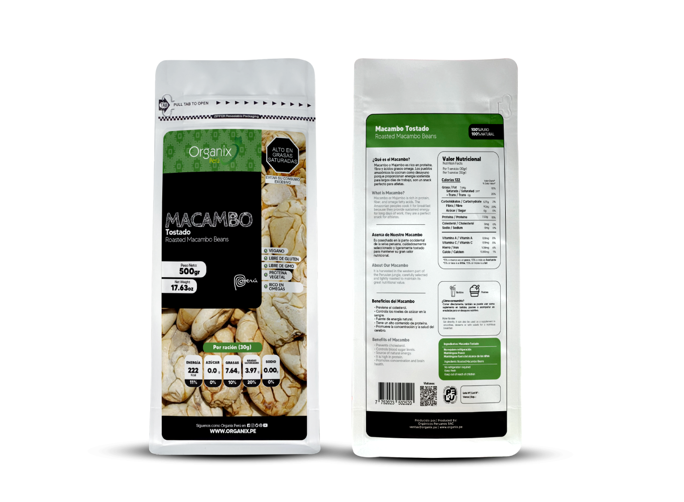 Macambo Tostado Organix Perú 500g package with nutritional information and health benefits.