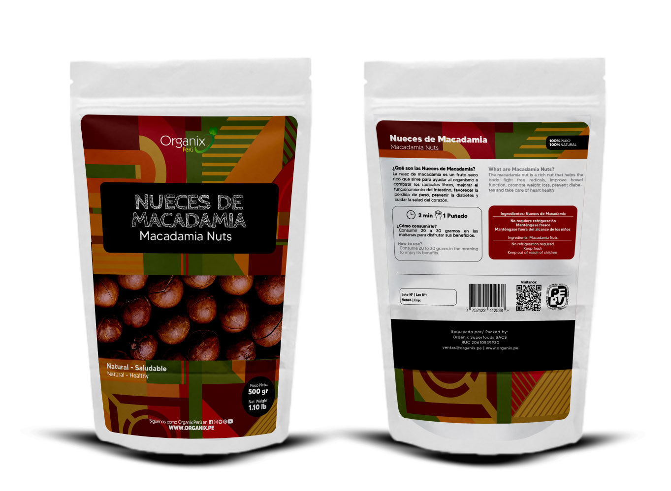 Bolsa de nueces de macadamia Organix de 500g, ricas en proteínas y grasas saludables. Ideales para dietas vegetarianas y una excelente fuente de vitaminas del grupo B y vitamina E