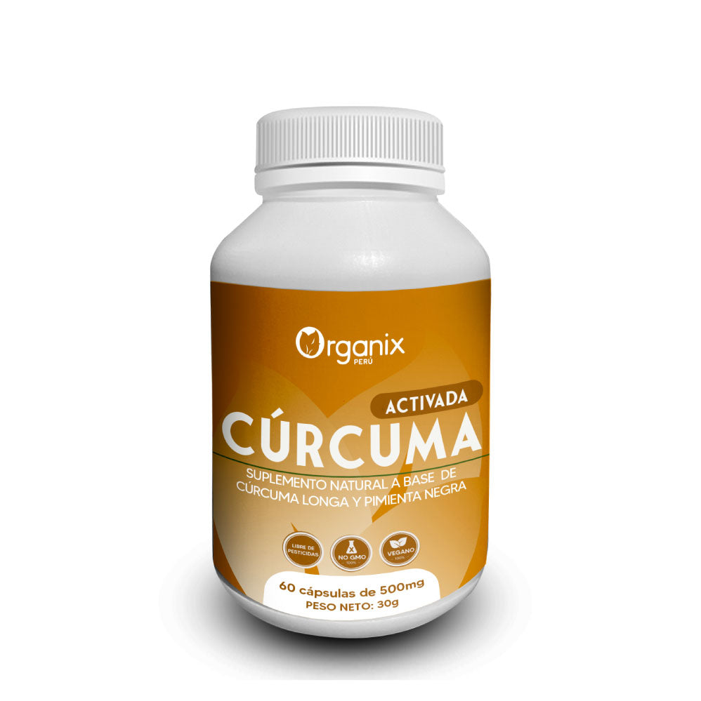 Cápsulas de Cúrcuma Activada Organix Perú – suplemento natural con curcumina y pimienta negra para mejorar la absorción, antiinflamatorio y antioxidante 100% natural.