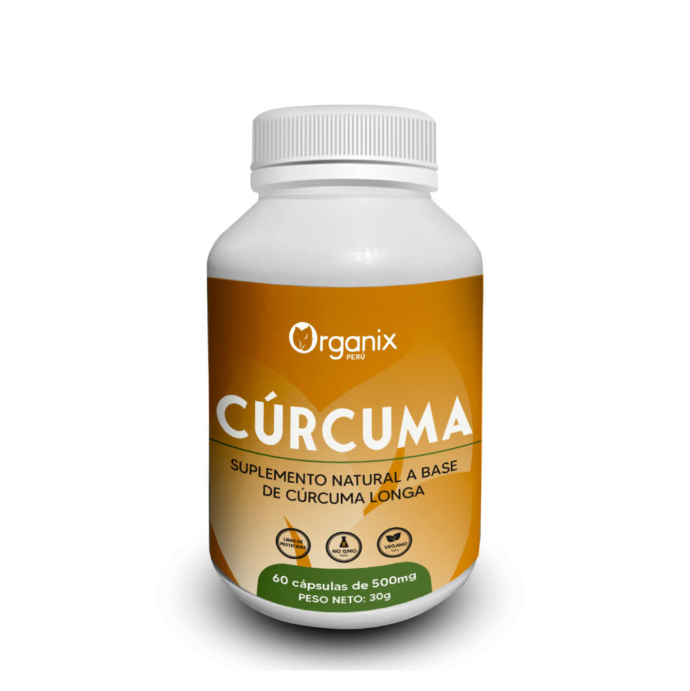 Cápsulas de cúrcuma Organix Perú en envase natural color ámbar con etiqueta verde y dorada. Suplemento natural elaborado con harina pura de Curcuma longa L., con cápsulas vegetales aptas para veganos. Producto peruano con beneficios antioxidantes, digestivos y de bienestar general, presentado en frasco con 60 cápsulas, duración de 24 meses.