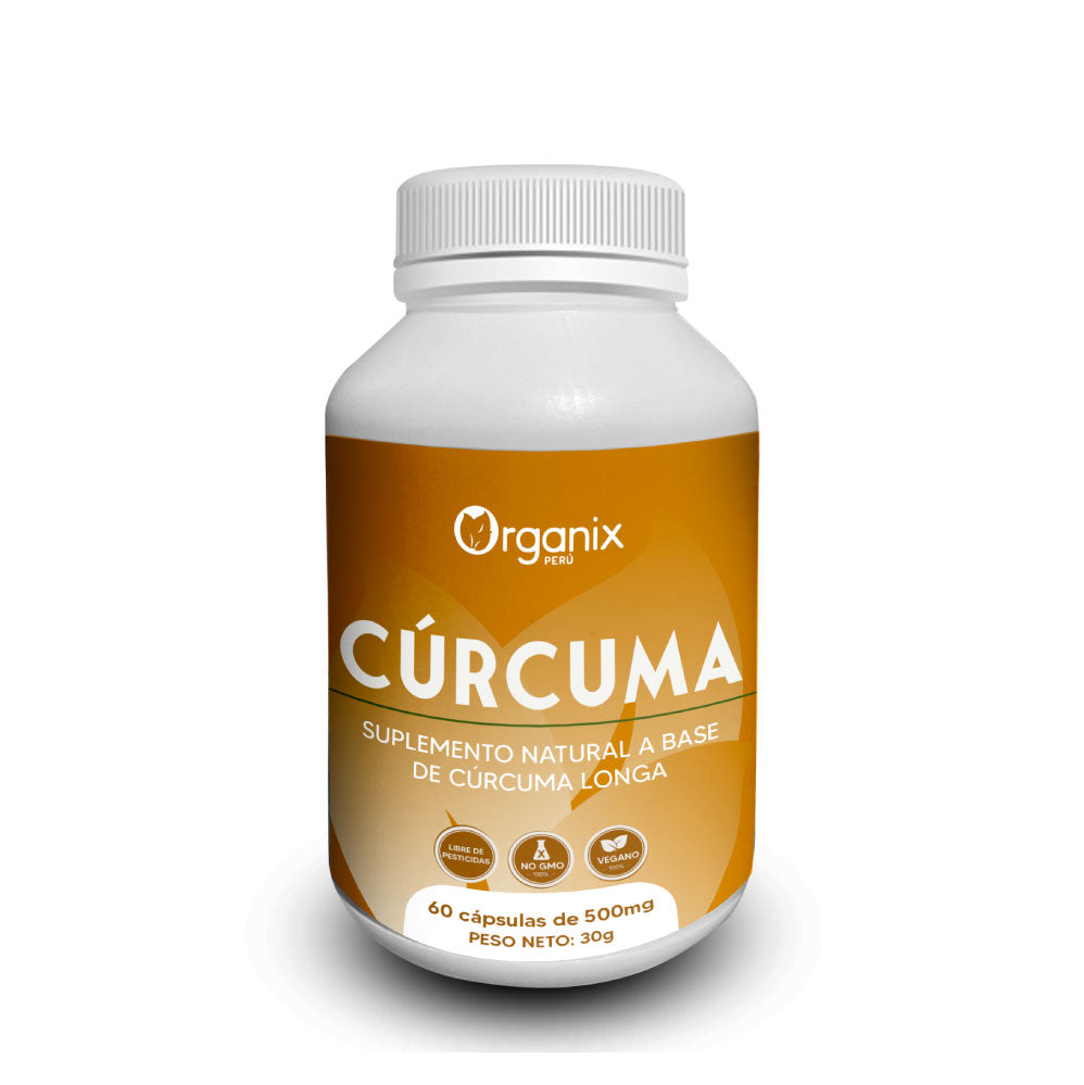 Cápsulas de cúrcuma Organix Perú en envase natural color ámbar con etiqueta verde y dorada. Suplemento natural elaborado con harina pura de Curcuma longa L., con cápsulas vegetales aptas para veganos. Producto peruano con beneficios antioxidantes, digestivos y de bienestar general, presentado en frasco con 60 cápsulas, duración de 24 meses.
