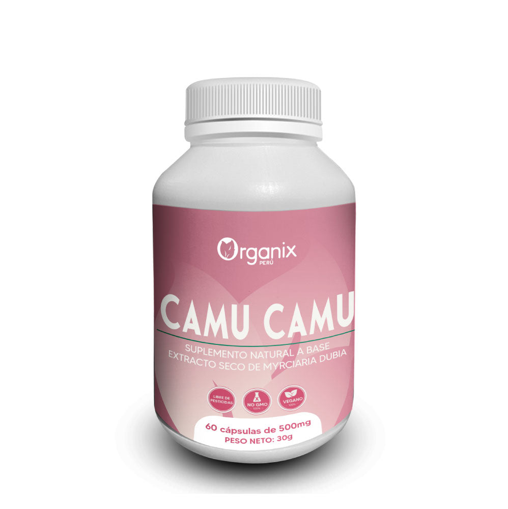 Cápsulas de extracto seco de Camu Camu Organix Perú, suplemento natural alto en vitamina C y antioxidantes, fortalece el sistema inmune y aporta energía.