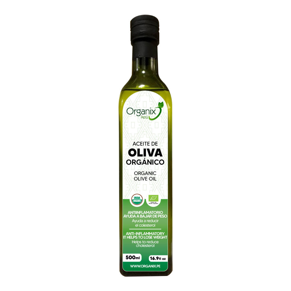 Bottle of Organix Perú Organic Olive Oil, 500ml, anti-inflammatory and helps to reduce cholesterol and lose weight.