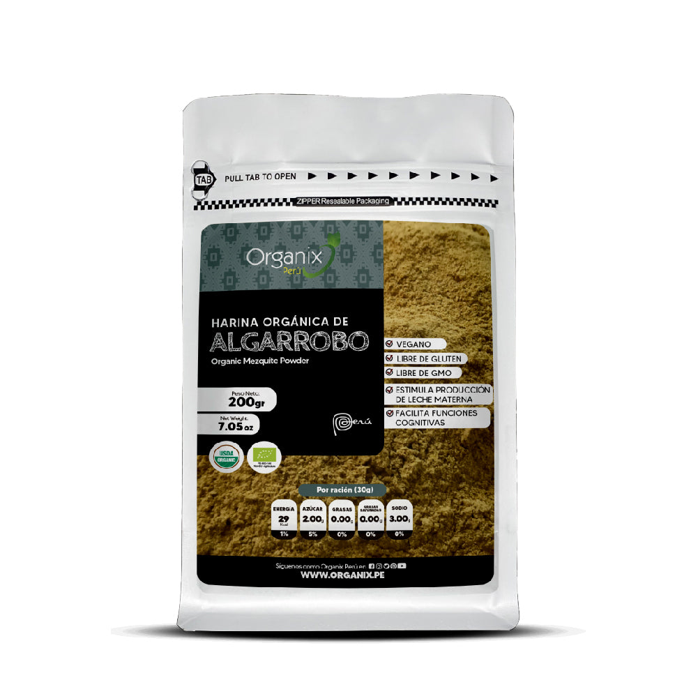 Algarrobo en Polvo Organix Perú, estimula la leche materna, ideal para el desarrollo, fuente energía