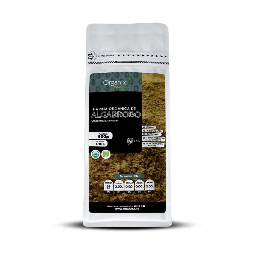 Algarrobo en Polvo Organix Perú, estimula la leche materna, ideal para el desarrollo, fuente energía