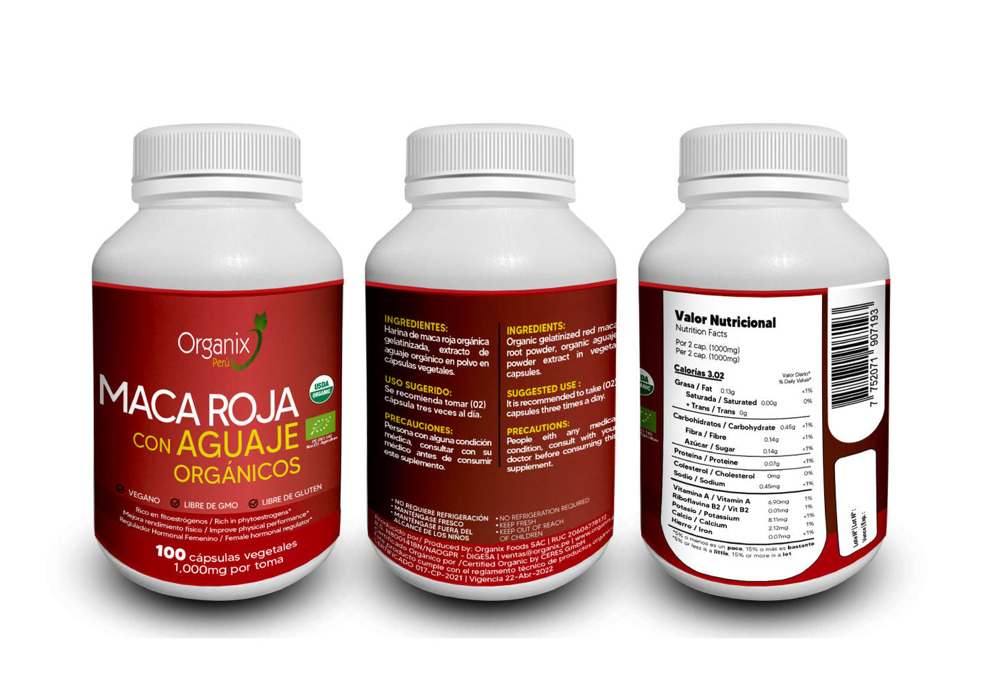 Cápsulas de Maca Roja & Aguaje Pulverizados Organix Perú - 1000mg x toma