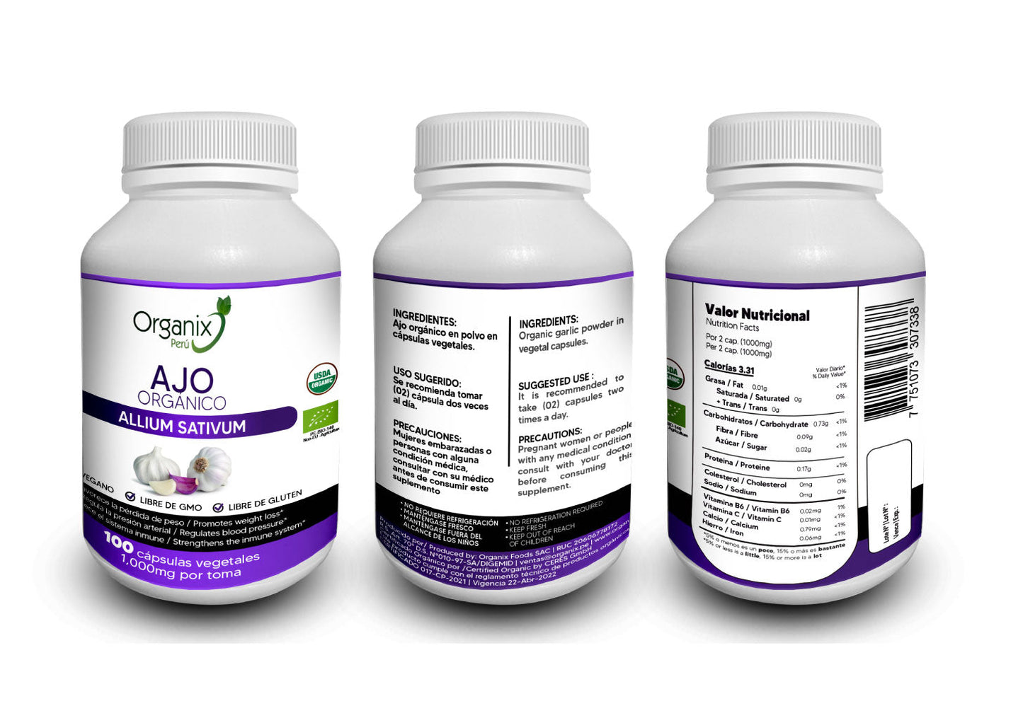 Cápsulas de Ajo Organix Perú - 1000mg x toma