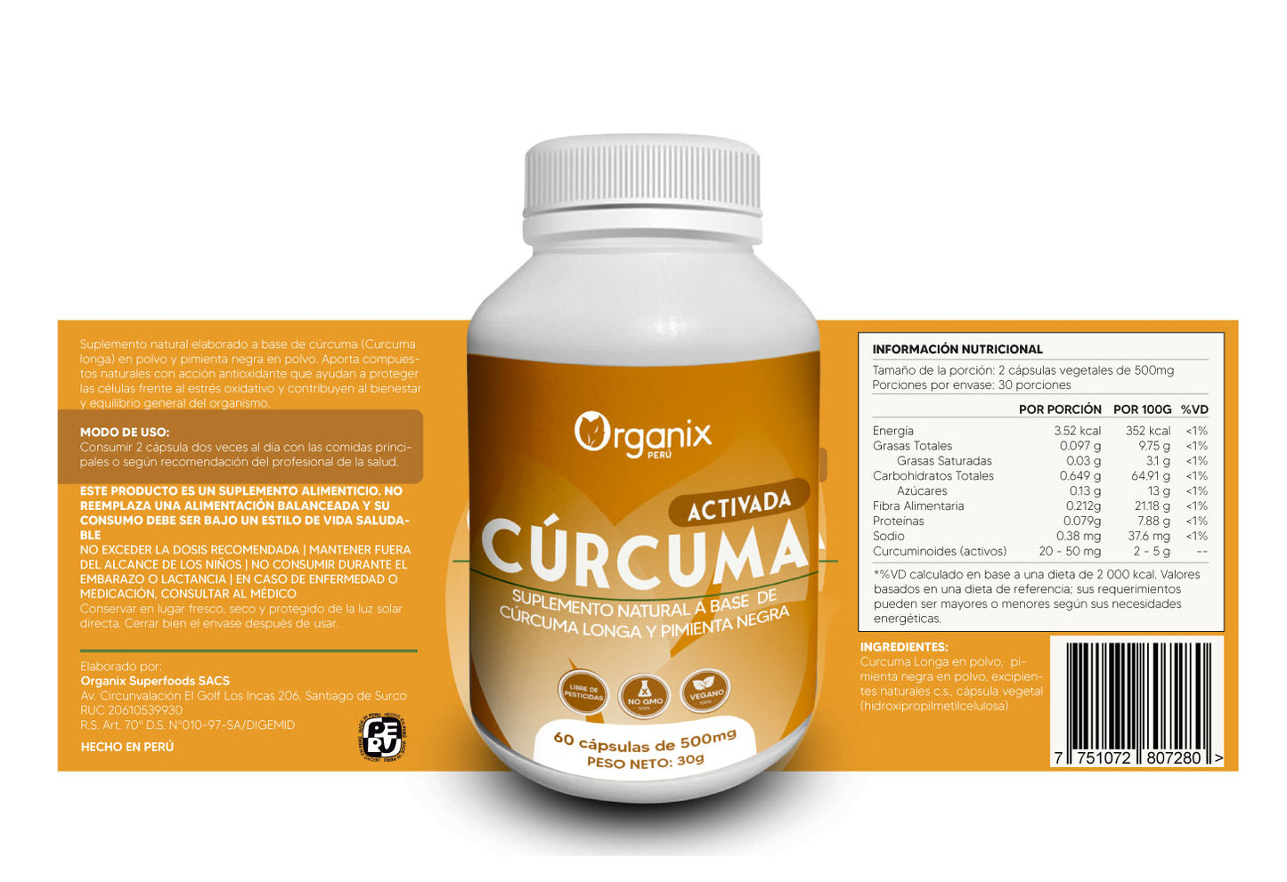 Etiqueta posterior de Cápsulas de Cúrcuma Activada Organix Perú con información nutricional completa, dosis recomendada y detalle de curcumina y piperina naturales.
