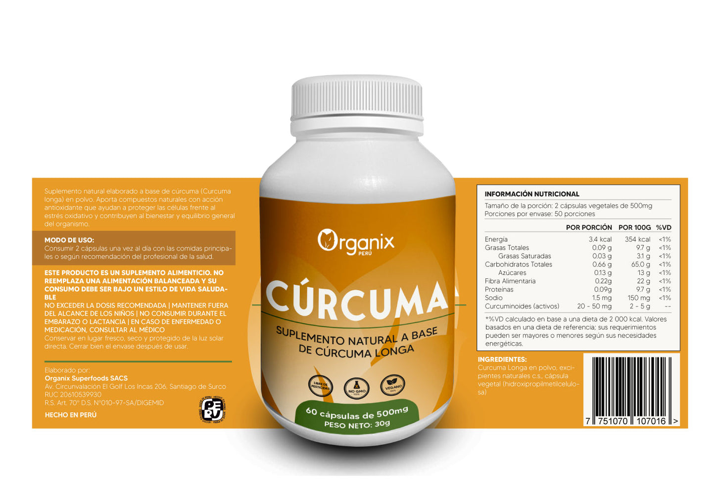Cápsulas de cúrcuma Organix Perú en envase natural color ámbar con etiqueta verde y dorada. Suplemento natural elaborado con harina pura de Curcuma longa L., con cápsulas vegetales aptas para veganos. Producto peruano con beneficios antioxidantes, digestivos y de bienestar general, presentado en frasco con 60 cápsulas, duración de 24 meses.
