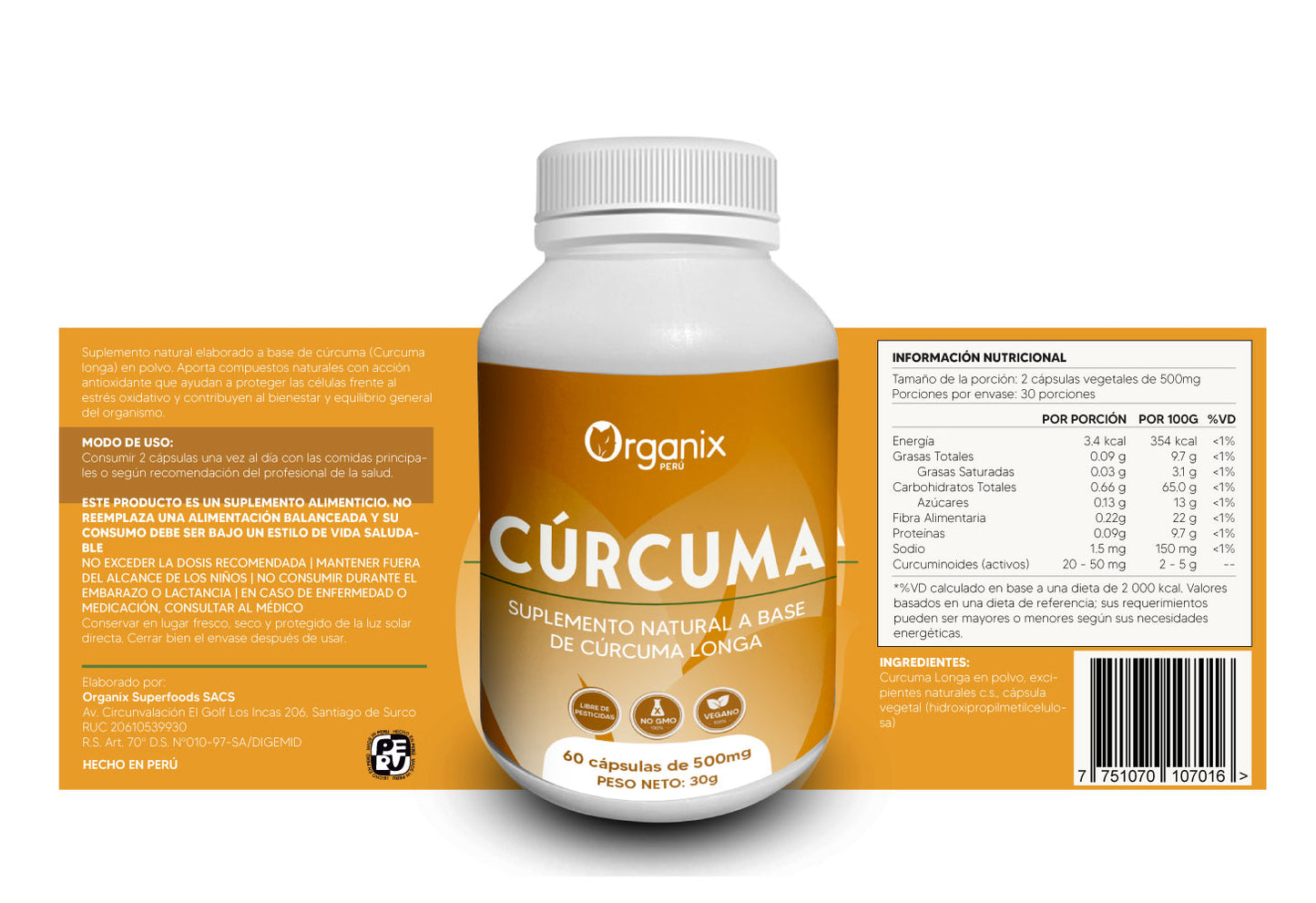Cápsulas de cúrcuma Organix Perú en envase natural color ámbar con etiqueta verde y dorada. Suplemento natural elaborado con harina pura de Curcuma longa L., con cápsulas vegetales aptas para veganos. Producto peruano con beneficios antioxidantes, digestivos y de bienestar general, presentado en frasco con 60 cápsulas, duración de 24 meses.
