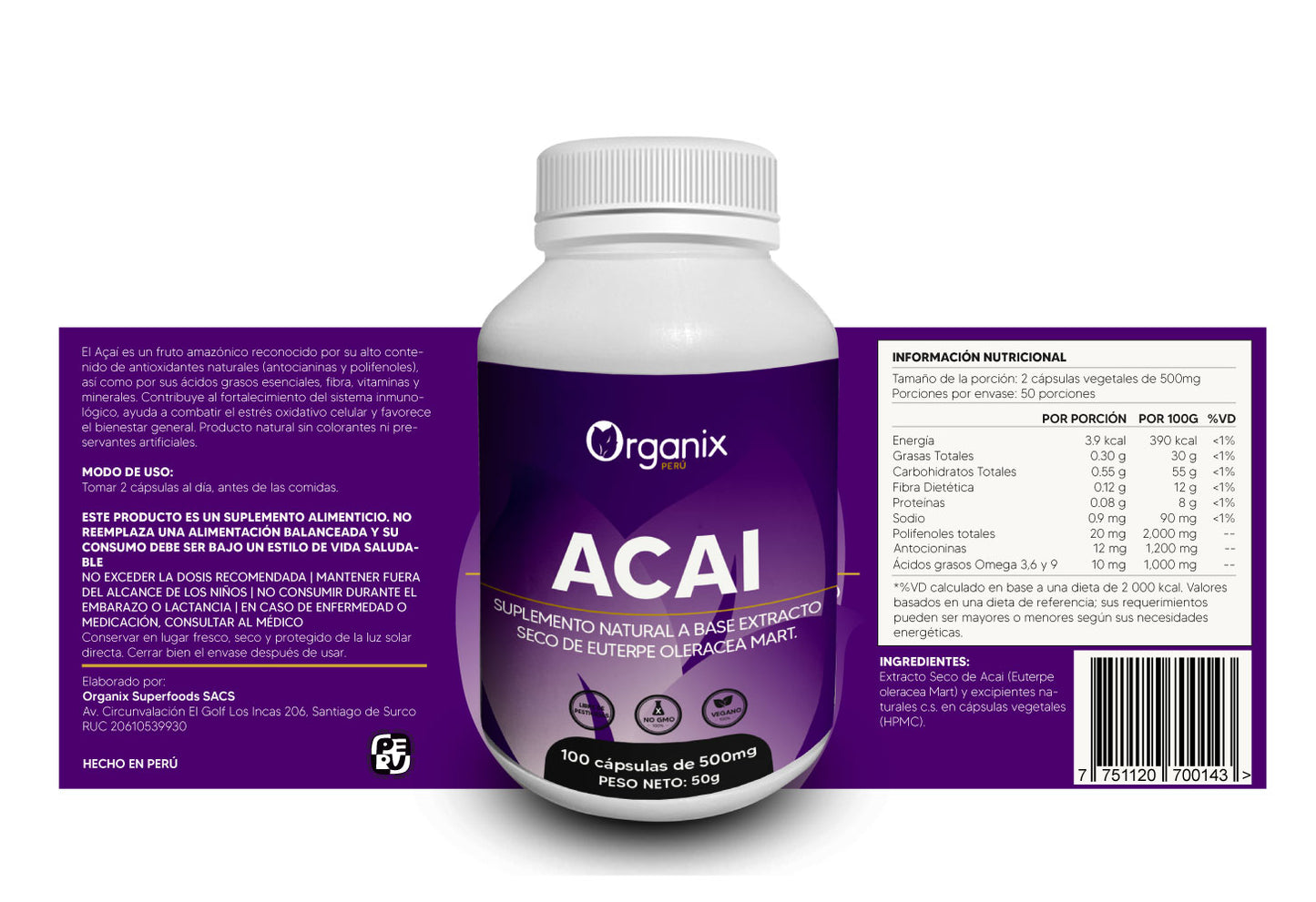 Frasco de Cápsulas de Acaí Organix Perú con tabla nutricional detallada.