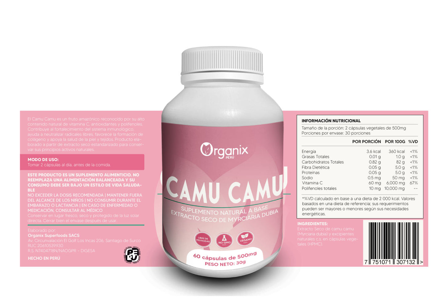 Etiqueta trasera de Cápsulas de Extracto Seco de Camu Camu Organix Perú con tabla nutricional completa, ingredientes, modo de consumo y advertencias