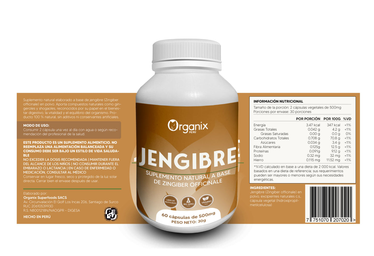 Etiqueta y tabla nutricional de las cápsulas de jengibre en polvo Organix Perú – información del producto natural