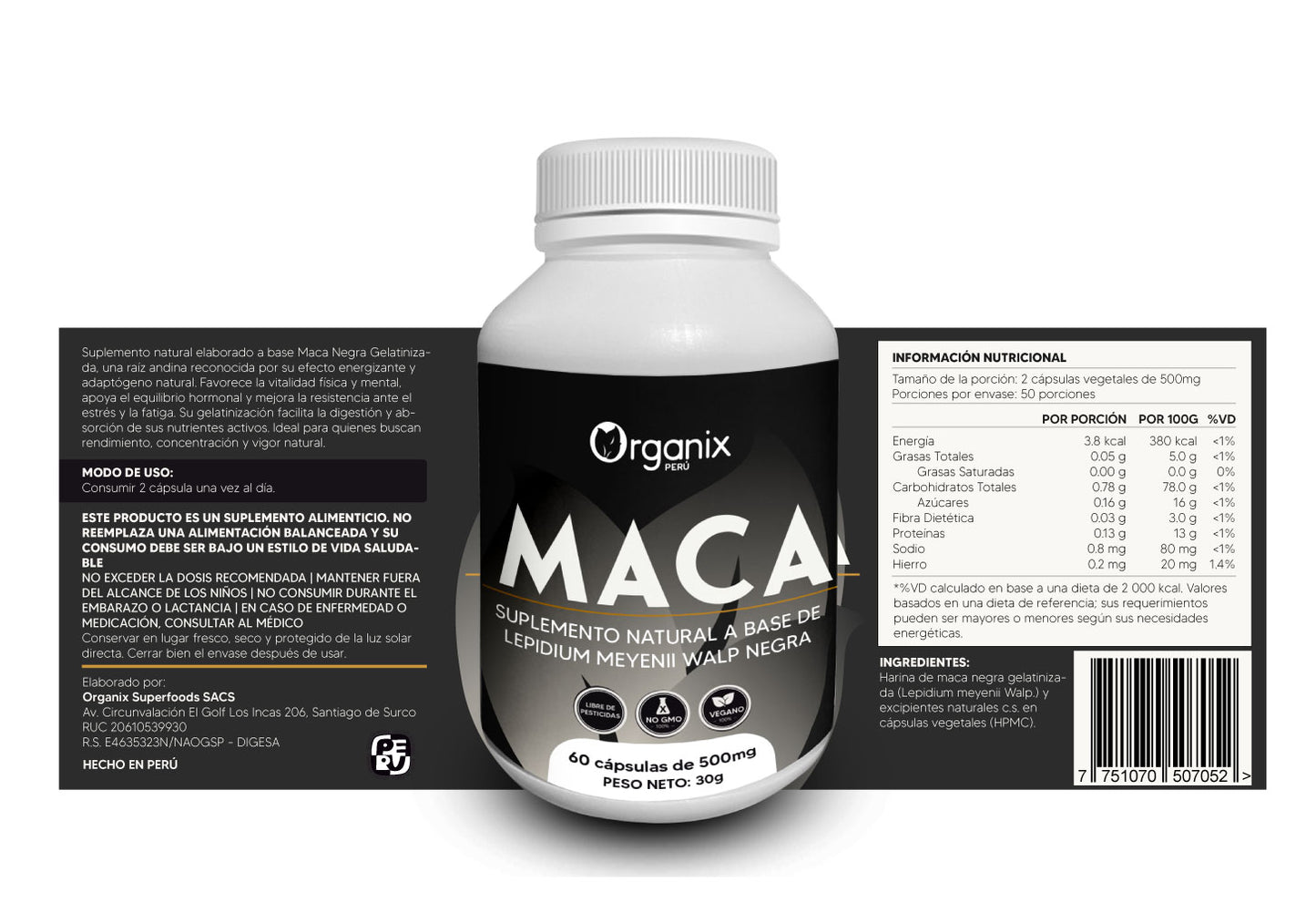Maca Negra Gelatinizada Organix Perú – información nutricional y presentación.