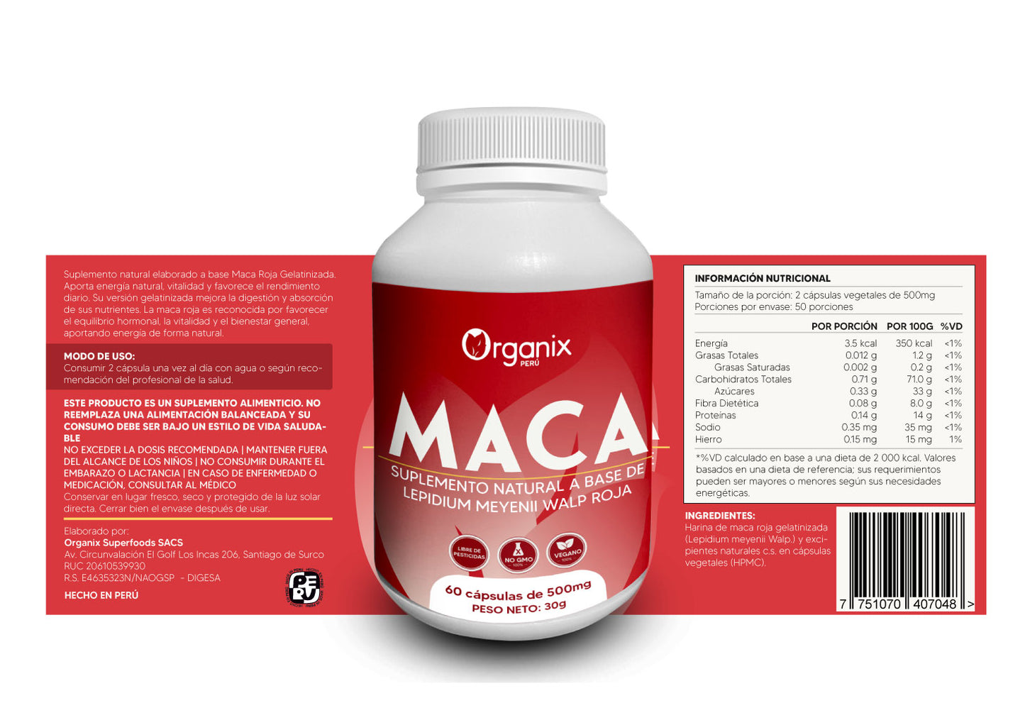 Etiqueta posterior del frasco de Cápsulas de Maca Roja Gelatinizada Organix Perú con tabla nutricional y composición natural. Cápsulas de Maca Roja Gelatinizada de Organix Perú, suplemento natural andino que apoya el equilibrio hormonal, la energía y el bienestar. Producto 100% natural, sin aditivos, ideal para hombres y mujeres.