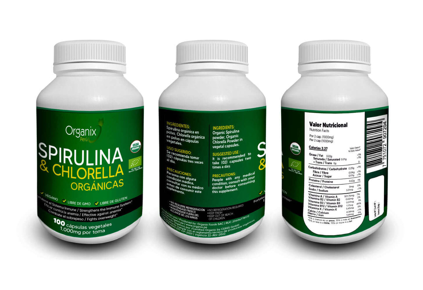 Cápsulas de Spirulina & Chlorella Organix Perú | 1000mg x toma