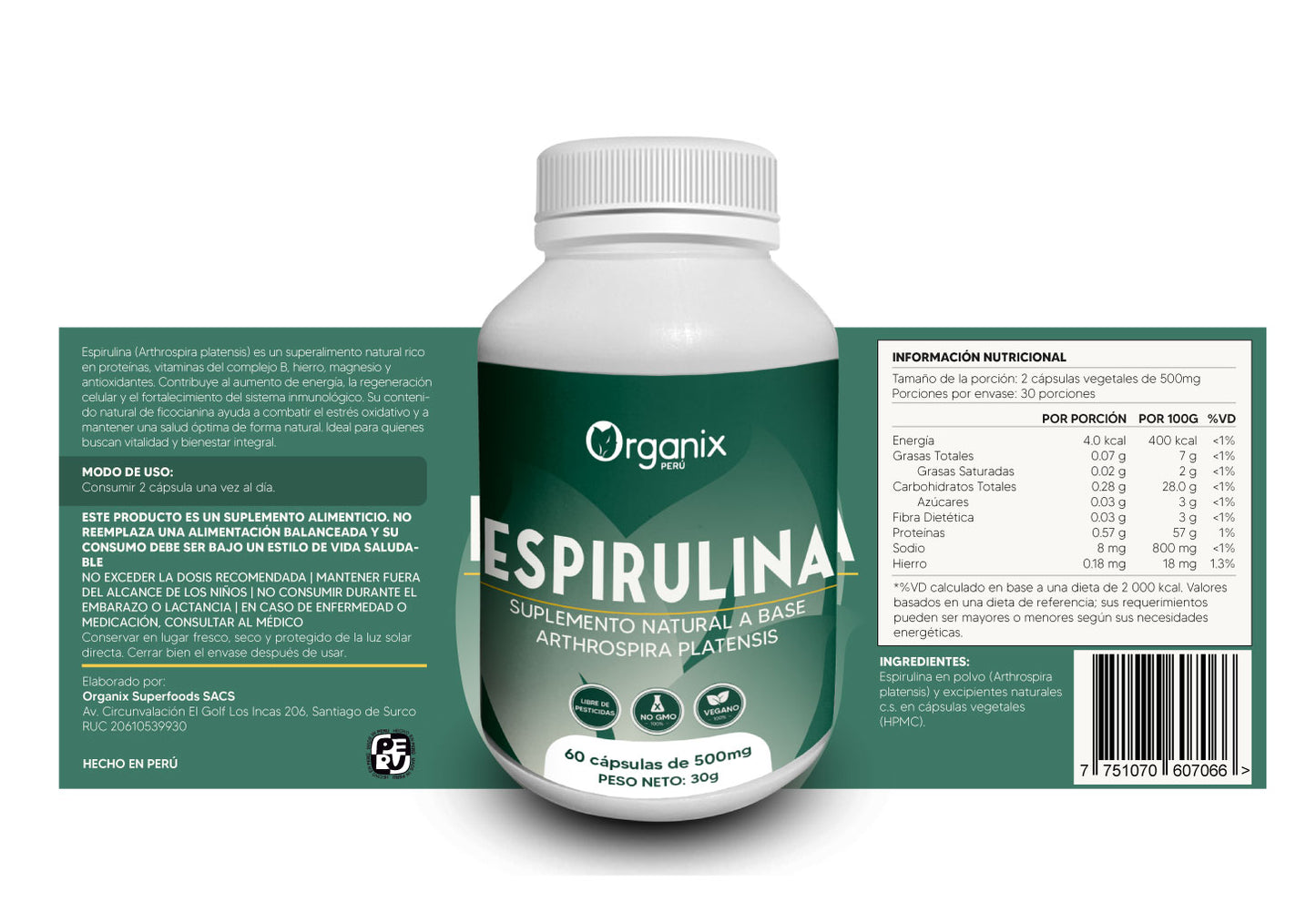 Cápsulas de Espirulina Organix Perú con tabla nutricional completa – suplemento 100% natural.