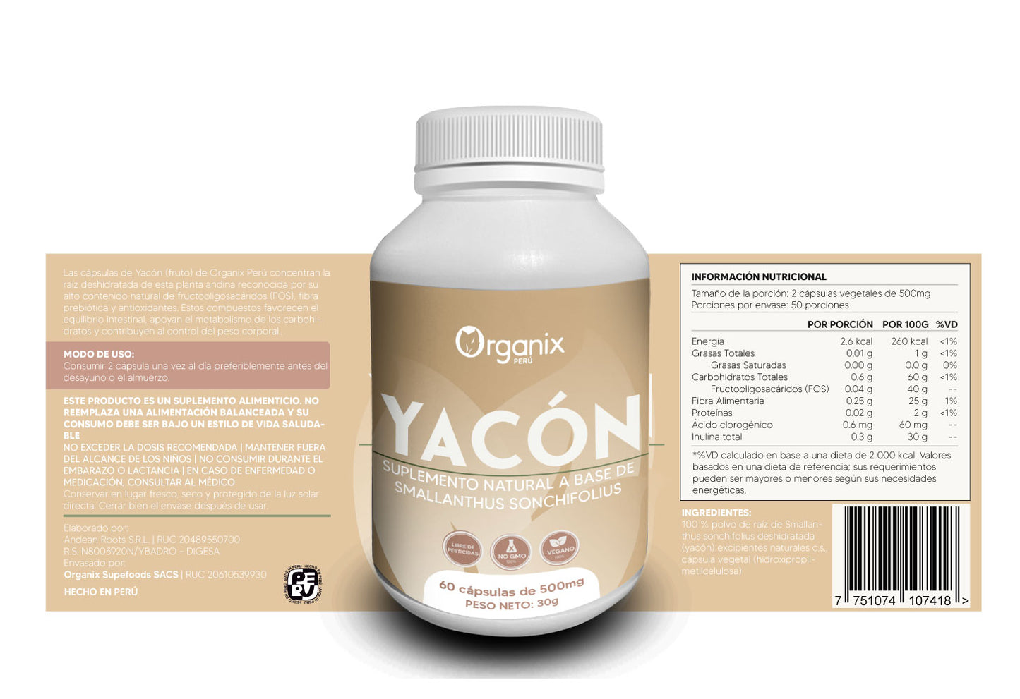 Vista posterior del envase de Cápsulas de Yacón fruto Organix Perú con tabla nutricional, ingredientes y modo de consumo detallados.