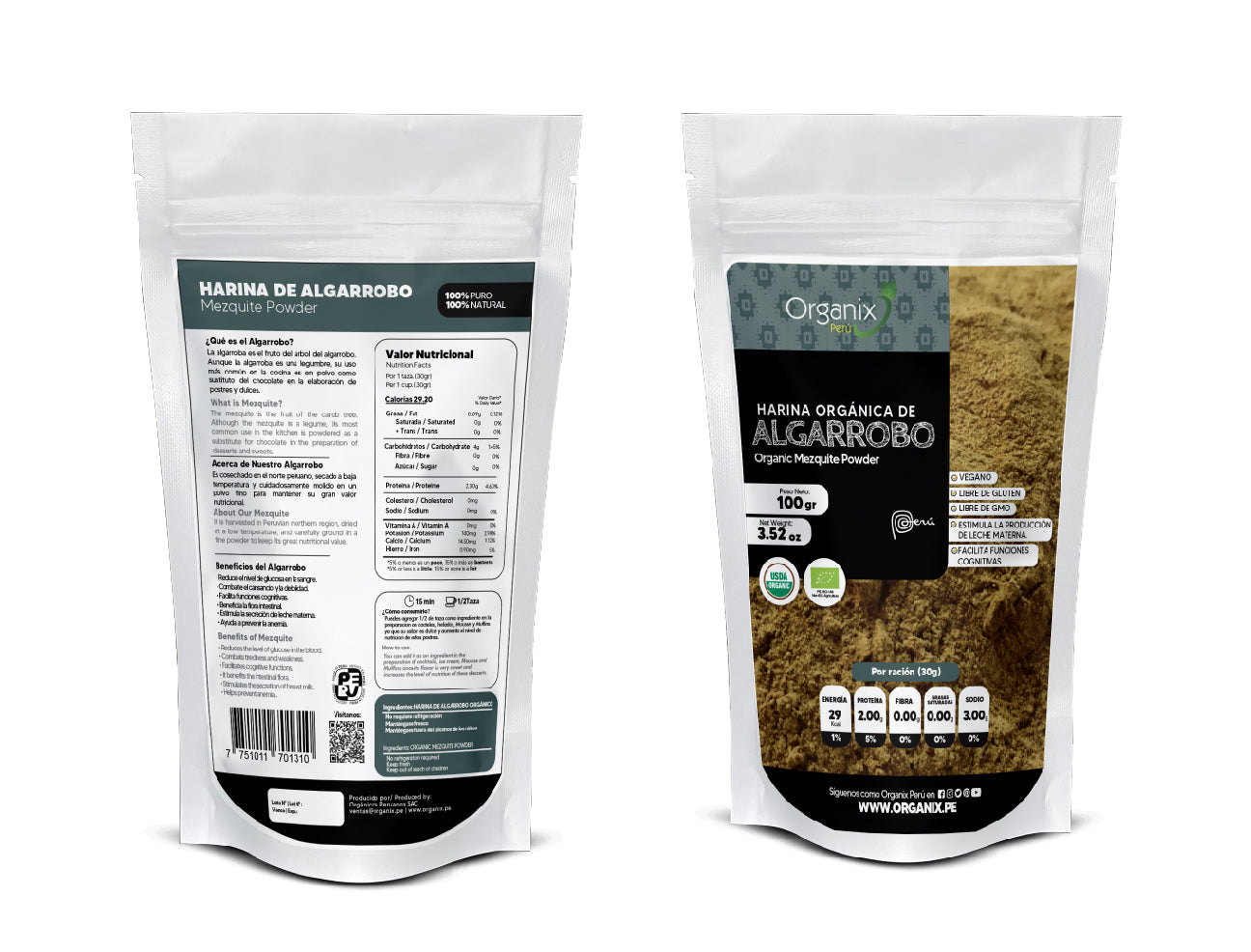 Algarrobo en Polvo Organix Perú, estimula la leche materna, ideal para el desarrollo, fuente energía
