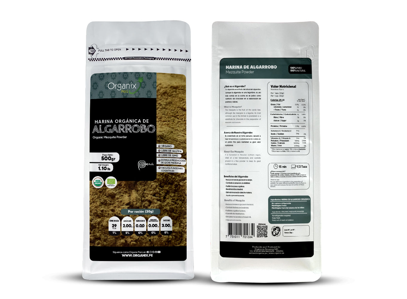 Algarrobo en Polvo Organix Perú, estimula la leche materna, ideal para el desarrollo, fuente energía