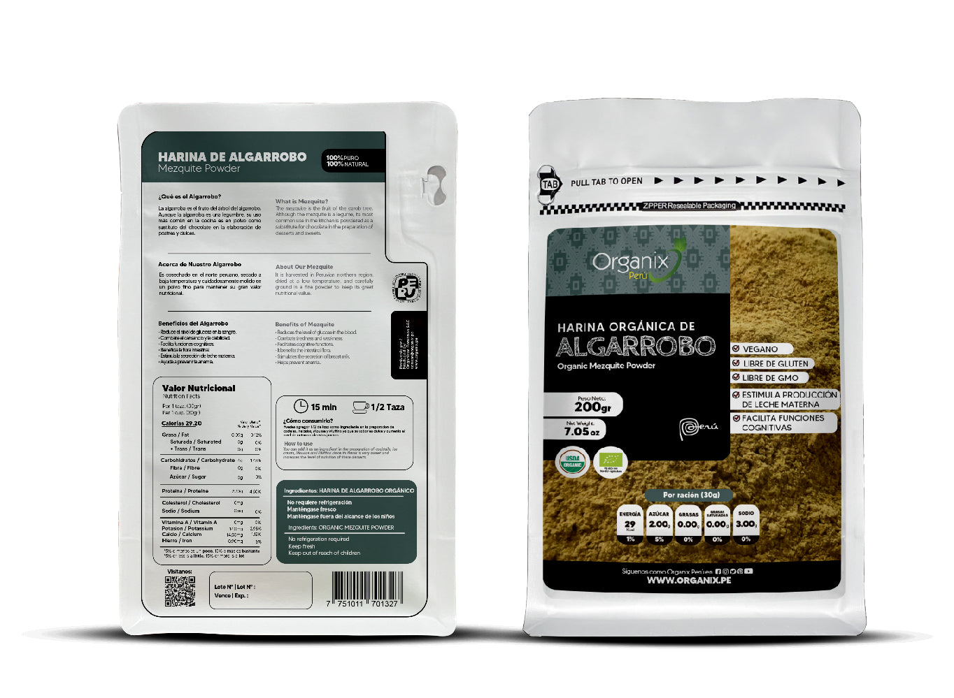 Algarrobo en Polvo Organix Perú, estimula la leche materna, ideal para el desarrollo, fuente energía