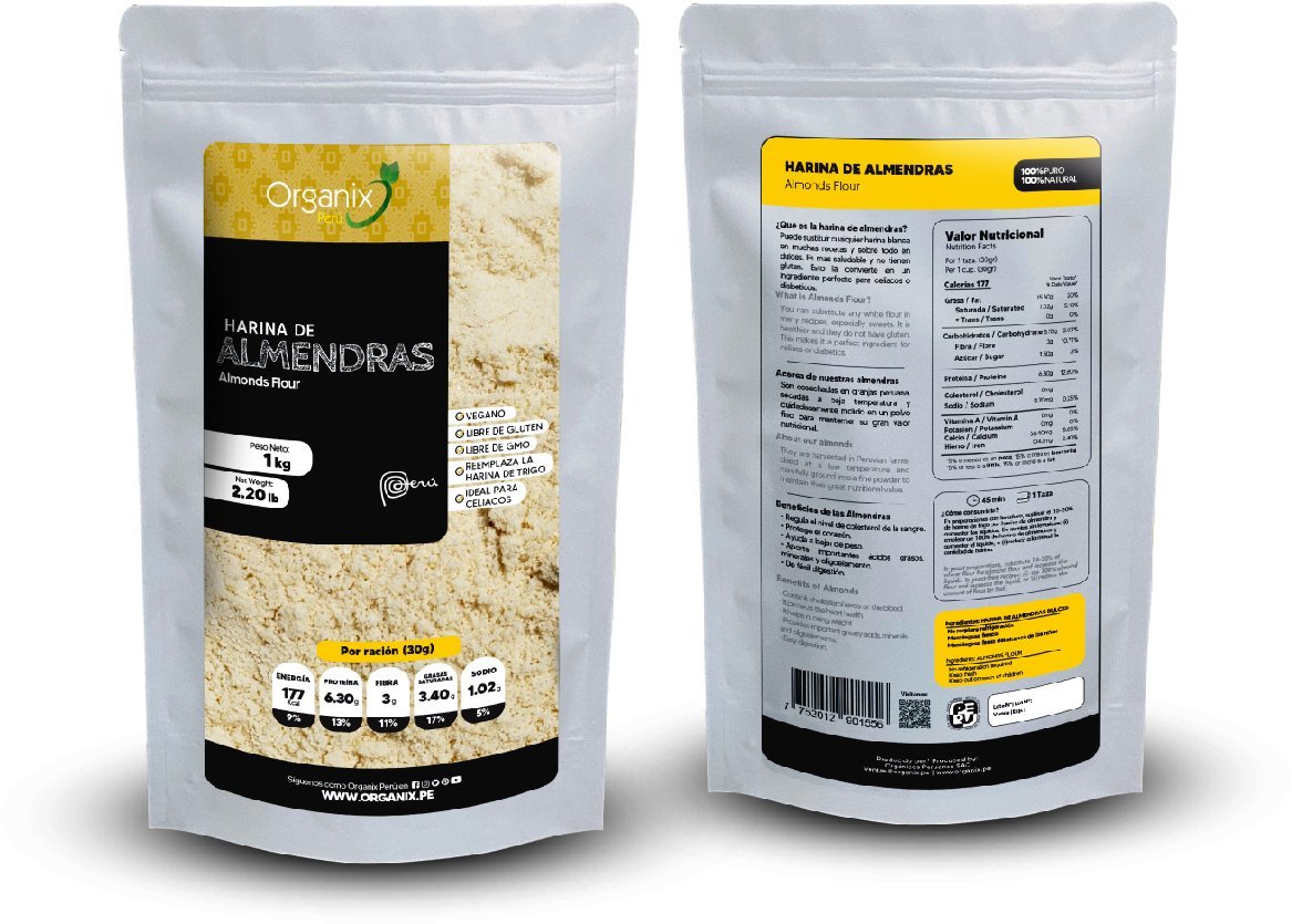 Harina de Almendras Organix Perú con información nutricional detallada y certificación de calidad.